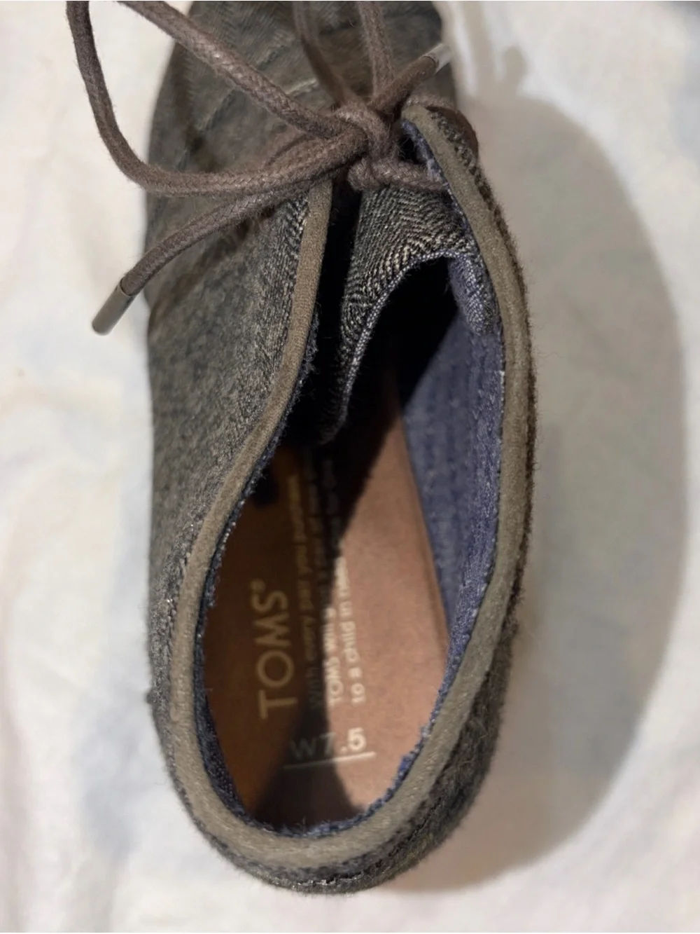 Toms Desert Wedge Herringbone Bootie Ankle Boots Shoes Gray Lace Up Fabric sz7.5